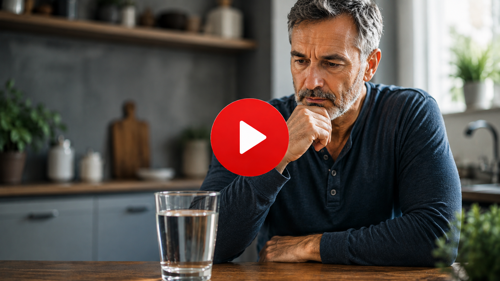 A thoughtful middle-aged man looking at a glass of water in a kitchen